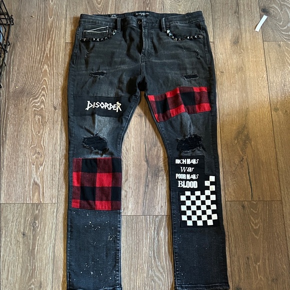 Cult of Individuality Black and Red Graphic Skinny Jeans